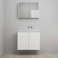 On-Line Badkamermeubelset - 80 cm - Bouwpakket - Greeploos 2 Deuren - Acryl Wastafel - zonder Kraangat - Spiegelkast - Hoogglans Wit