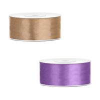 Bellatio decorations 2x rollen satijn cadeaulint/sierlint - 2.5 cm x 25 meter - lila paars en goud