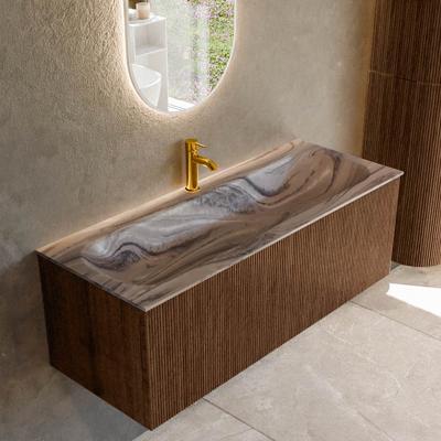Badmeubel Mondiaz Kurve-Dlux | 120 cm | Meubelkleur Walnut | Wastafelkleur Sombra | Solid surface | Wasbak midden spoelbak | 1 kraangat