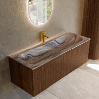 Badmeubel Mondiaz Kurve-Dlux | 120 cm | Meubelkleur Walnut | Wastafelkleur Sombra | Solid surface | Wasbak midden spoelbak | 1 kraangat