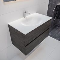 Mondiaz Vica Moon badmeubel eiken donker bruin 80 cm 2 lades solid surface enkele spoelbak midden 1 kraangat Mondiaz Vica Moon badmeubel eiken donker bruin 80 cm 2 lades solid surface enkele spoelbak midden 1 kraangat