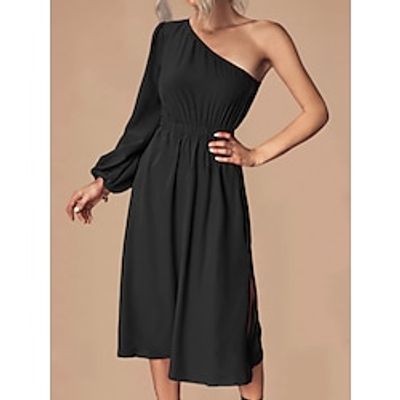 Dames Zwarte jurk Casual jurk A lijn jurk Halflange jurk Met ruches Splitsen Dagelijks Feestdagen Afspraakje Elegant A-lijn Eén-schouder Lange mouw Normale pasvorm Zwart Fuchsia Donkerblauw Kleur S M Lightinthebox