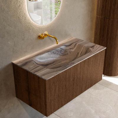Badmeubel Mondiaz Kurve-Dlux | 90 cm | Meubelkleur Walnut | Wastafelkleur Sombra | Solid surface | Wasbak midden spoelbak | Zonder kraangat(en)