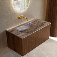 Badmeubel Mondiaz Kurve-Dlux | 90 cm | Meubelkleur Walnut | Wastafelkleur Sombra | Solid surface | Wasbak midden spoelbak | Zonder kraangat(en)