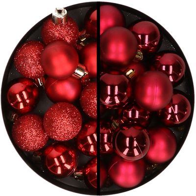 36x stuks kunststof kerstballen rood en donkerrood 3 en 4 cm