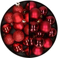 36x stuks kunststof kerstballen rood en donkerrood 3 en 4 cm