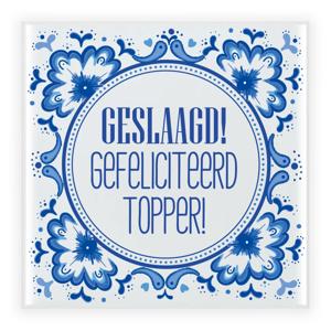 Geslaagd cadeau tegel - gefeliciteerd topper - delfts blauw - keramiek - 15 x 15 cm