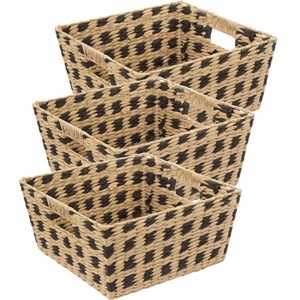 Gevlochten rieten opbergmand - 3 x- beige/zwart 31 x 31 x 15 cm