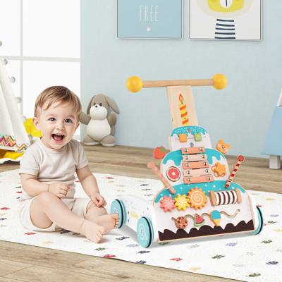 In Hoogte Verstelbare Kinderloopwagen met Activiteitencentrum Xylofoon Schuifblokken en Rollende Kralen Houten Kinderspeelgoedkar