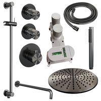 Regendoucheset Inbouw Brauer Gunmetal Edition Thermostatisch 30 cm met Gebogen Wandarm, Glijstang en Handdouche Staaf Losse Stopkranen Geborsteld