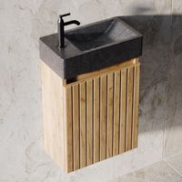 Fontana Recto toiletmeubel ribbelfront warm eiken 40x22cm met natuurstenen fontein links - thumbnail
