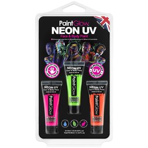 PaintGlow Face/Body paint set - roze/groen/oranje - 3x13 ml - neon/black light - waterbasis   -