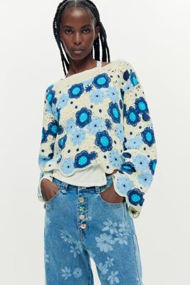 gehaakte trui met bloemen - BLUE - S