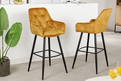 Design barkruk MILANO mosterdgeel fluwelen barstoel met Chesterfield quilting - 41959