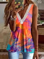 Art Paintting Casual Lace V Neck Tank