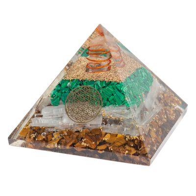 Orgonite Piramide Malachiet Seleniet & Tijgeroog - Flower of Life (70