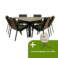 Tuintafel Triangel met 6 Leather antraciet stoelen