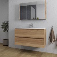 Adema Chaci Badkamermeubelset - 100x46x57cm - 1 ovale keramische wasbak wit - 1 kraangat - 2 lades - Spiegelkast - eiken SW1212774/SW1212817/SW812072/SW718718