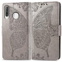 Butterfly Love bloemen reliëf horizontale Flip lederen case voor Huawei P30 Lite/Nova 4e met houder & kaartsleuven & portemonnee & Lanyard (grijs)