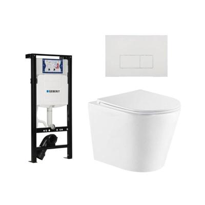 QeramiQ Dely Toiletset - 36.3x51.7cm - diepspoel - rimless - Geberit UP320 plieger inbouwreservoir - softclose toiletzitting - glans witte bedieningsplaat - rechtehoekige knoppen - wit glans SW1026255/SW1381697/SW706187/SW1159504