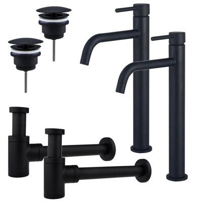 Fortifura Calvi Slim Wastafelkraanset - voor dubbele wastafel - verhoogde wastafelkraan - always open plug - verlaagde design sifon - Mat zwart 2x SW377836/2x SW696205/2x SW696215