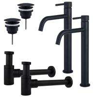 Fortifura Calvi Slim Wastafelkraanset - voor dubbele wastafel - verhoogde wastafelkraan - always open plug - verlaagde design sifon - Mat zwart 2x SW377836/2x SW696205/2x SW696215