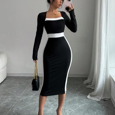 Bon&Bon Navy Blue Colorblock Bodycon Maxi Dress | Square Neck Long Sleeve Black and White / L