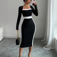 Bon&Bon Navy Blue Colorblock Bodycon Maxi Dress | Square Neck Long Sleeve Black and White / L