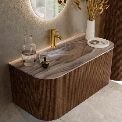 Badmeubel Mondiaz Kurve-Dlux | 100 cm | Meubelkleur Walnut | Wastafelkleur Sombra | Solid surface | Wasbak midden spoelbak | 1 kraangat