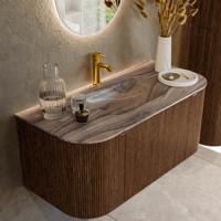 Badmeubel Mondiaz Kurve-Dlux | 100 cm | Meubelkleur Walnut | Wastafelkleur Sombra | Solid surface | Wasbak midden spoelbak | 1 kraangat