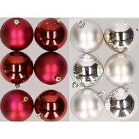 12x stuks kunststof kerstballen mix van donkerrood en zilver 8 cm   -