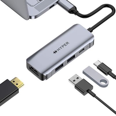 HYPER HD41-GL laptop dock & poortreplicator USB 2.0 Type-C Zwart, Grijs