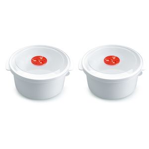 2x stuks magnetron voedsel opwarm potjes/bakjes 2 liter met speciale deksel