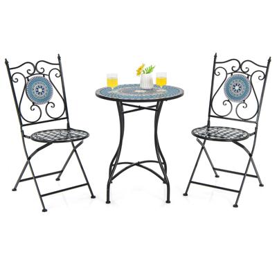 3-Delige Bistroset Metaal met Mozaïekpatroon Ronde Tafel en 2 Klapstoelen Stevig Metalen Frame Tuinmeubelset voor Binnen Buiten