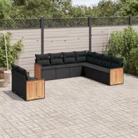 9-delige Loungeset met kussens poly rattan zwart