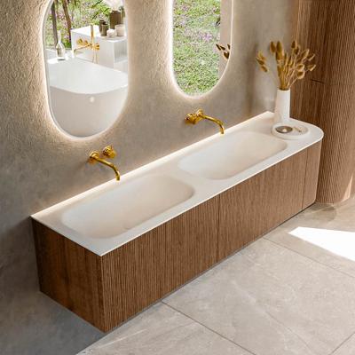 Mondiaz KURVE 175 cm Onderkast Greeploos 2 Lades Met Deuren Walnut, Wastafel Solid Surface Links Talc 0 Kraangaten Zonder Spiegel (KRVBGS175R2L1D0KD-Wal/Tal)