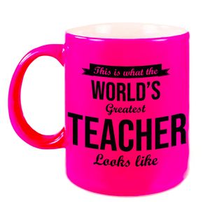 Worlds Greatest Teacher cadeau koffiemok / theebeker voor leraar / lerares neon roze 330 ml    -