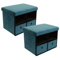 Poef/hocker opvouwbaar - 2x -2 laden - stof - opbergbox - groen - polyester/mdf - 38 x 50 cm