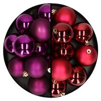 Kerstballen 24x stuks - mix donkerrood en paars - 6 cm - kunststof - Kerstbal - thumbnail