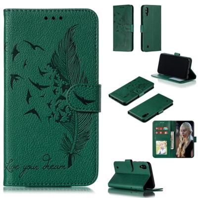 Feather patroon Litchi textuur horizontale Flip lederen draagtas met portemonnee & houder & kaartsleuven voor Galaxy M10 (groen)