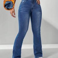 Women's Dark Wash Flare Leg Jeans | Curvy Fit Denim Pants Medium Wash-3 / 32