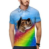 Voor heren POLO Shirt Tennisshirt Golfshirt dier Regenboog Kat Kraag Geel Blozend Roze blauw Paars 3D-afdrukken Straat Casual Korte mouw Button-omlaag Kleding Modieus Stoer Casual Lightinthebox - thumbnail