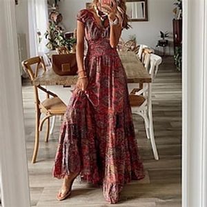 dames swingjurk boho jurk lange jurk maxi jurk wijn korte mouw bloemenprint lente zomer v-hals weekend loose fit 2023 s m l xl xxl 3xl Lightinthebox