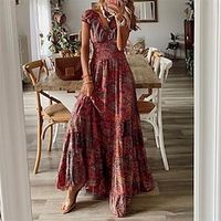 dames swingjurk boho jurk lange jurk maxi jurk wijn korte mouw bloemenprint lente zomer v-hals weekend loose fit 2023 s m l xl xxl 3xl Lightinthebox