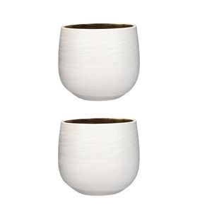 Set van 2x stuks bloempotten wit ribbels keramiek voor kamerplant H20 x D25 cm