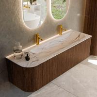 Badmeubel Mondiaz Kurve-Dlux | 145 cm | Meubelkleur Walnut | Wastafelkleur Nata | Solid surface | Wasbak rechter zijde spoelbak | 2 kraangaten