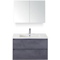 Porto Badmeubelset 90 cm - Beton Antraciet - Keramische Wastafel Wit Slim met Spiegelkast