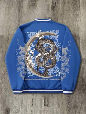 Bon&Bon Men's Chinese Dragon Varsity Baseball Jacket - Loose Fit Blue / L