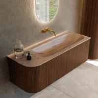 Badmeubel Mondiaz Kurve-Dlux | 125 cm | Meubelkleur Walnut | Wastafelkleur Arena | Solid surface | Wasbak rechter zijde spoelbak | Zonder kraangat(en)