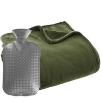 Fleece deken/plaid Olijf Groen 130 x 180 cm en een warmwater kruik 2 liter - Plaids